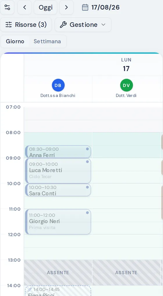 L’agenda di majéOS: una settimana con operatori, stanze e assenze.
